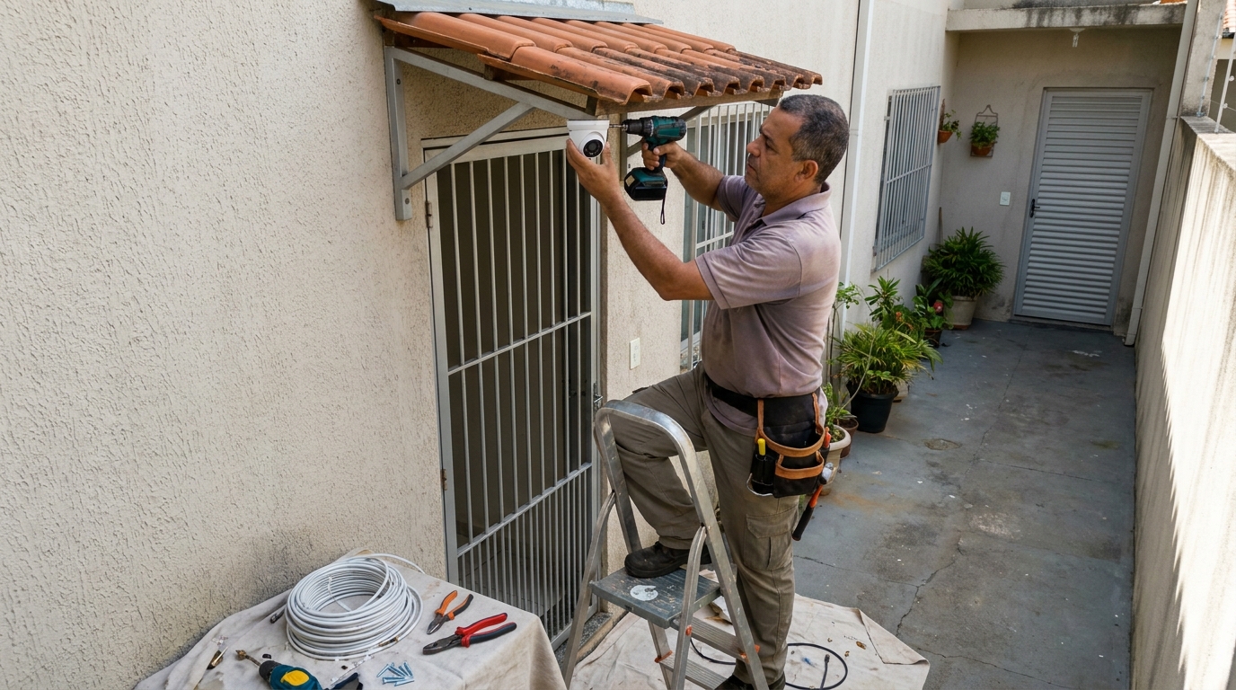 Eletricista instalando cameras de seguranca em Atibaia‑SP