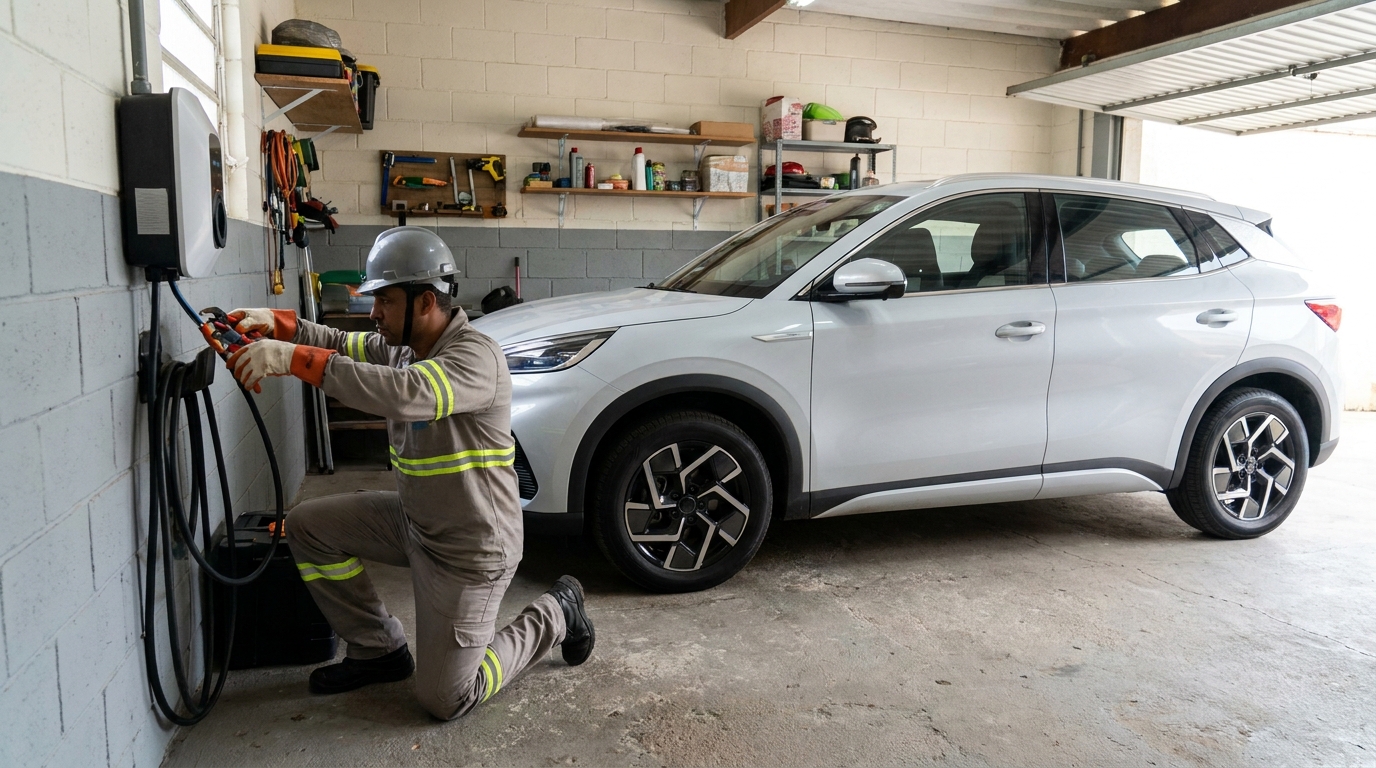 Eletricista instalando carregador de carro eletrico em Atibaia‑SP