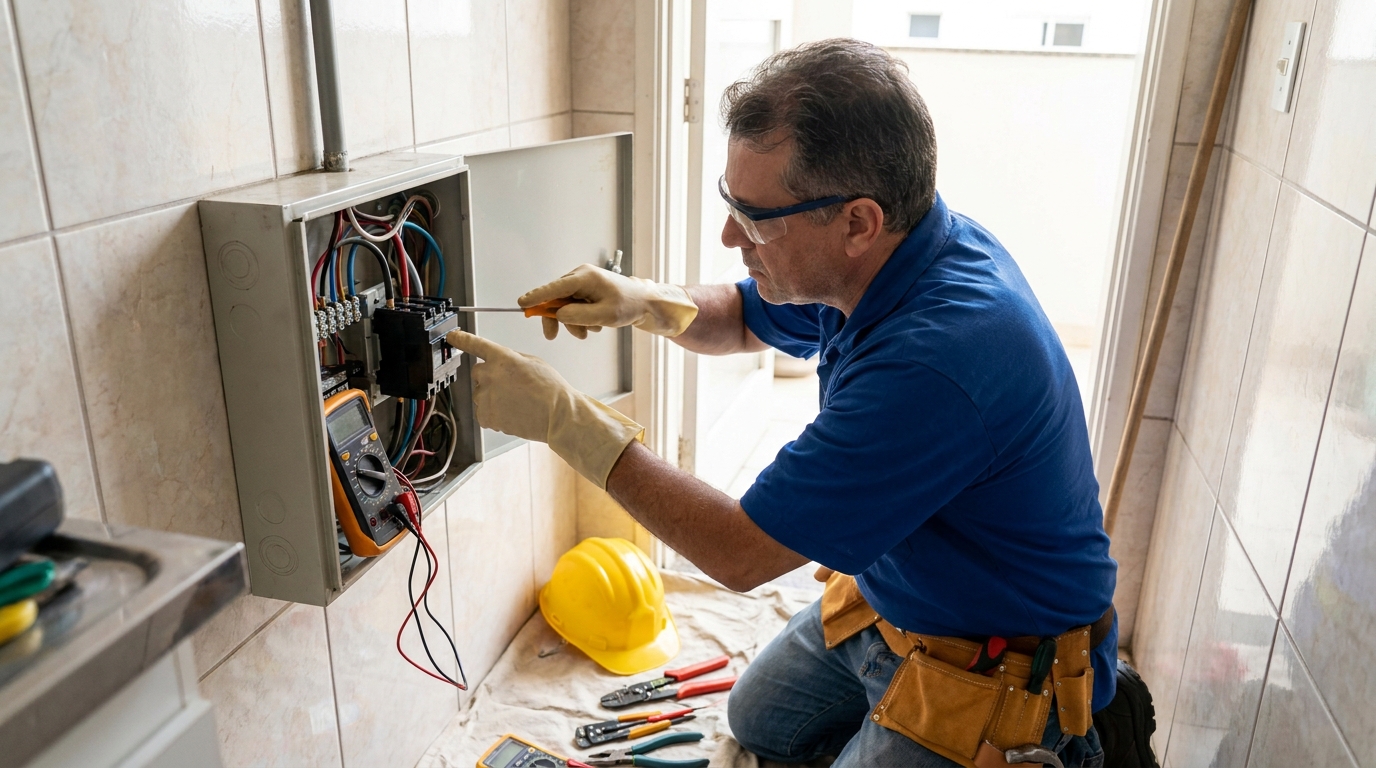 Eletricista instalando disjuntor em Atibaia‑SP