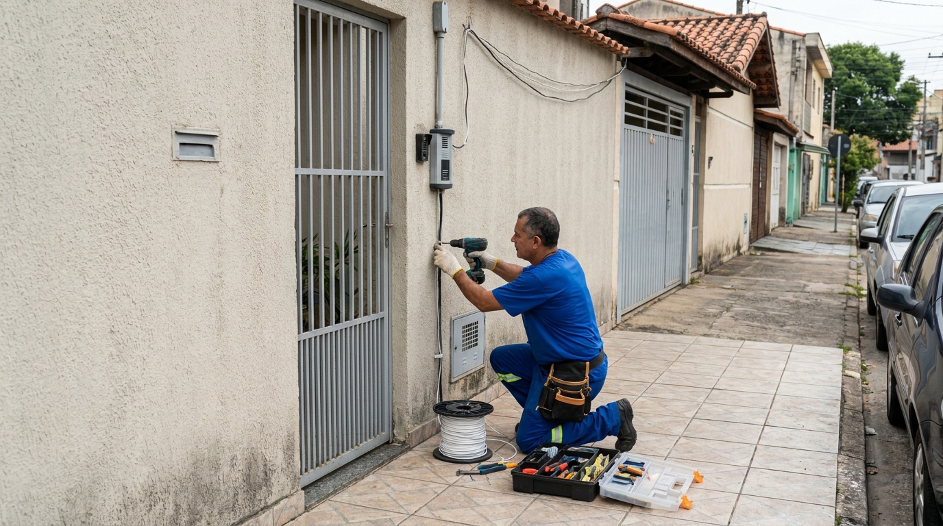 Eletricista instalando interfone em Atibaia‑SP