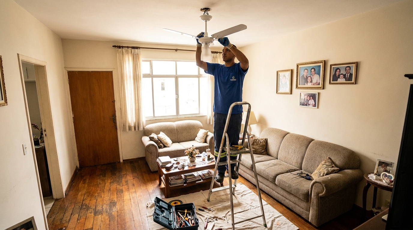 Eletricista instalando ventilador de teto em Atibaia‑SP
