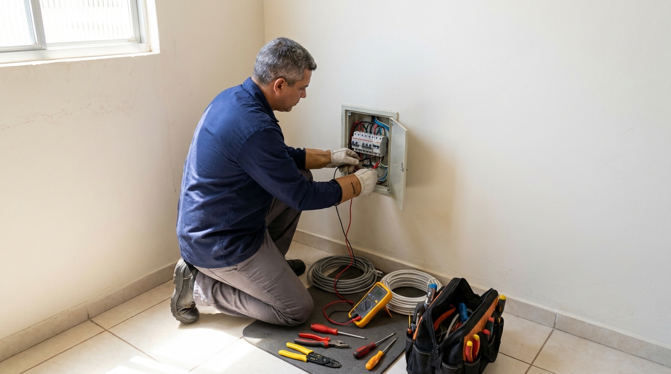 Eletricista realizando manutencao em Atibaia‑SP